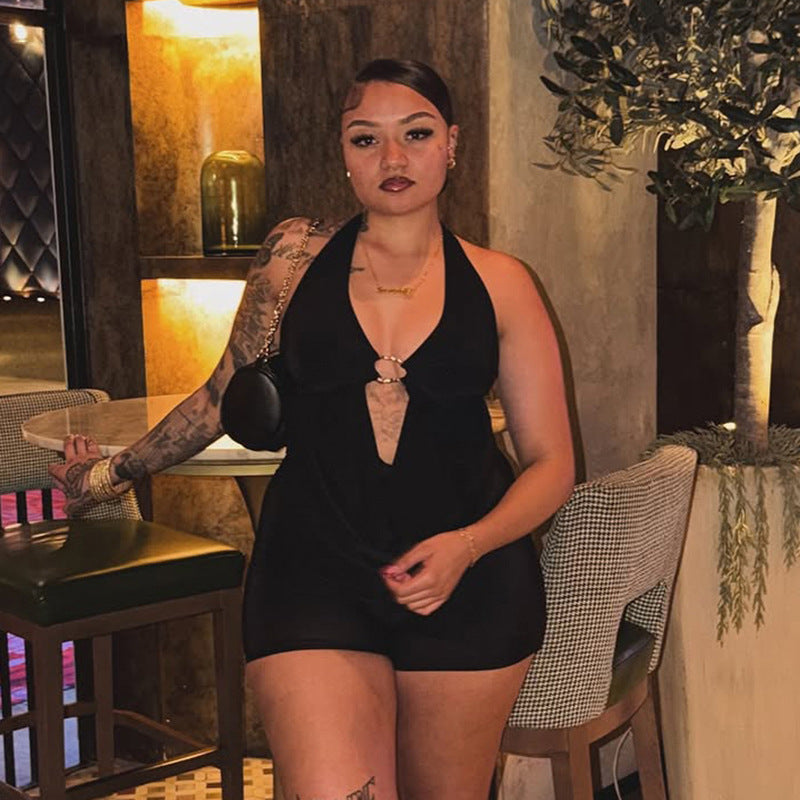 J26rp047 European and American Style Cross-Border Women's Clothing Spring and Summer Halter Strap Hollow Draped Stitching Sheath Short Jumpsuit