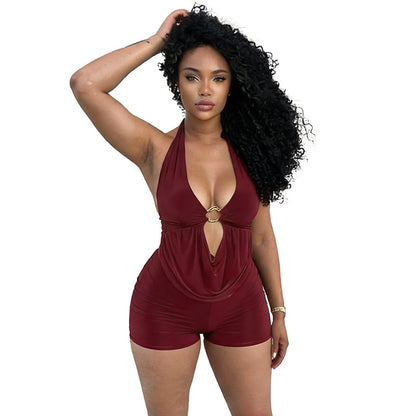 J26rp047 European and American Style Cross-Border Women's Clothing Spring and Summer Halter Strap Hollow Draped Stitching Sheath Short Jumpsuit