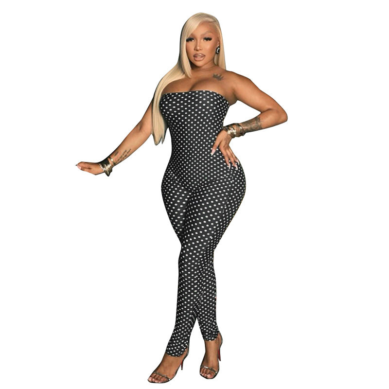 J25Jp298 European and American Style Cross-Border Women's Clothing Autumn and Winter New Polka Dot Tube Top Printed Slim Fit Off-Shoulder Cropped Jumpsuit