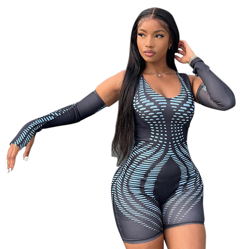 X22RP426 European and American women's clothing 2022 autumn new fashion positioning printed sleeve finger hole tight one-piece shorts
