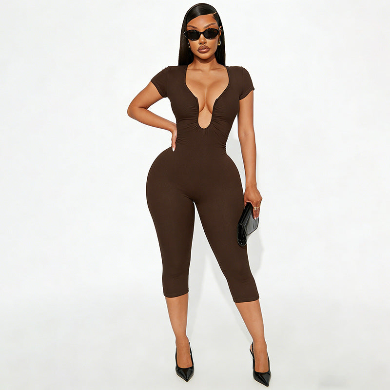 J25jp479 European and American Cross-Border Women's Clothing Spring and Summer Chest U-Neck Sleeve Solid Color Elastic Zipper Cropped Jumpsuit