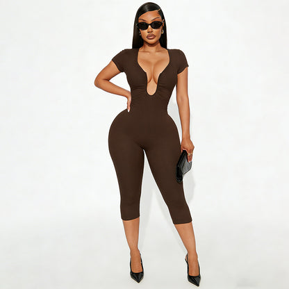 J25jp479 European and American Cross-Border Women's Clothing Spring and Summer Chest U-Neck Sleeve Solid Color Elastic Zipper Cropped Jumpsuit