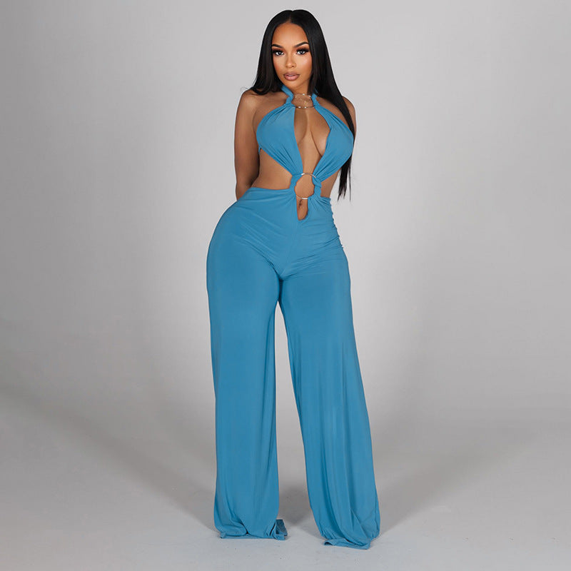 J26jp085 European and American Style Cross-Border Women's Clothing Spring and Summer Halter Backless Ring Stitching Hollow Pleated Wide-Leg Jumpsuit
