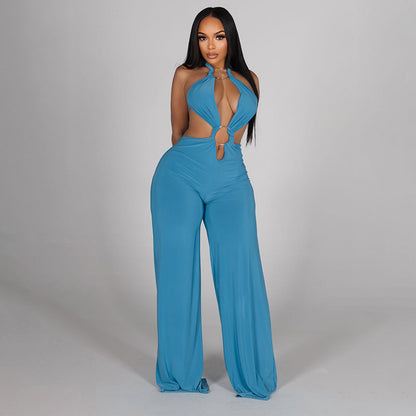 J26jp085 European and American Style Cross-Border Women's Clothing Spring and Summer Halter Backless Ring Stitching Hollow Pleated Wide-Leg Jumpsuit