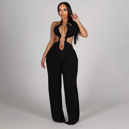 J26jp085 European and American Style Cross-Border Women's Clothing Spring and Summer Halter Backless Ring Stitching Hollow Pleated Wide-Leg Jumpsuit