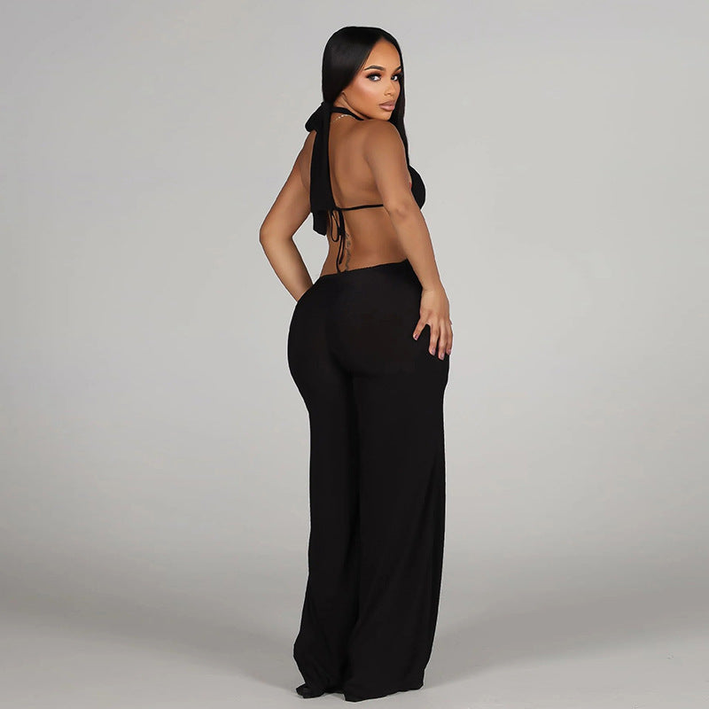 J26jp085 European and American Style Cross-Border Women's Clothing Spring and Summer Halter Backless Ring Stitching Hollow Pleated Wide-Leg Jumpsuit
