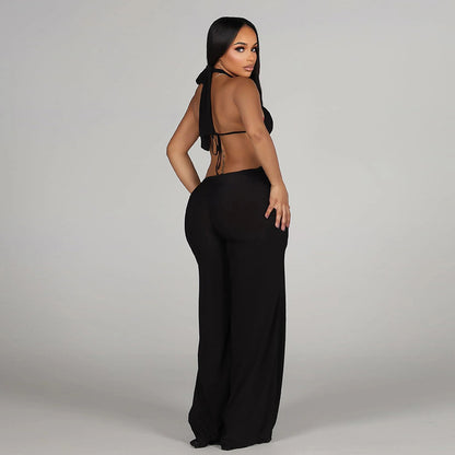 J26jp085 European and American Style Cross-Border Women's Clothing Spring and Summer Halter Backless Ring Stitching Hollow Pleated Wide-Leg Jumpsuit
