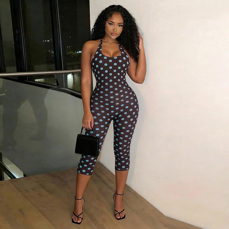 J26jp088 European and American Style Cross-Border Women's Clothing Spring and Summer Halter Strap Backless Polka Dot Hip-Wrapped Stretch Cropped Jumpsuit