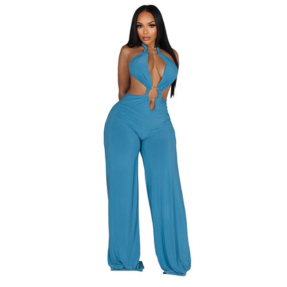 J26jp085 European and American Style Cross-Border Women's Clothing Spring and Summer Halter Backless Ring Stitching Hollow Pleated Wide-Leg Jumpsuit