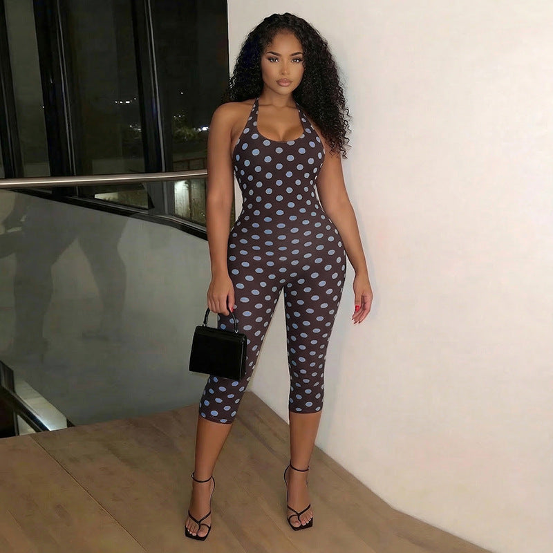J26jp088 European and American Style Cross-Border Women's Clothing Spring and Summer Halter Strap Backless Polka Dot Hip-Wrapped Stretch Cropped Jumpsuit