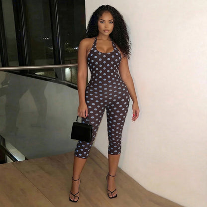 J26jp088 European and American Style Cross-Border Women's Clothing Spring and Summer Halter Strap Backless Polka Dot Hip-Wrapped Stretch Cropped Jumpsuit