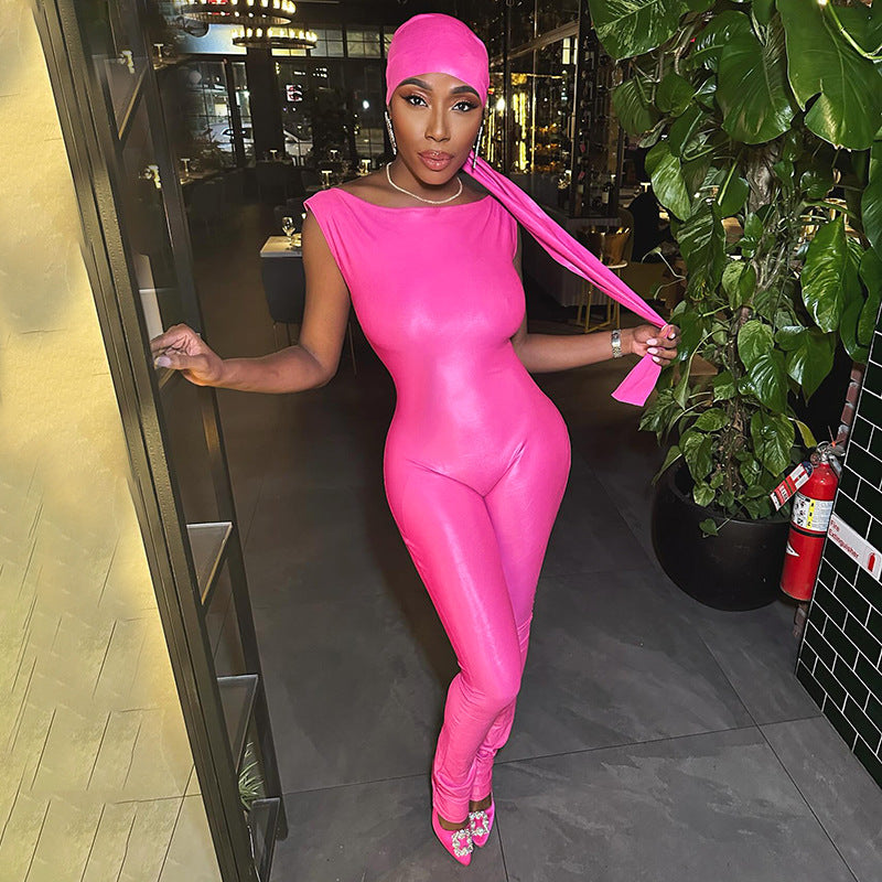 K24JP469 European and American style cross-border women's autumn and winter solid color square collar zipper pullover sleeveless tight elastic jumpsuit
