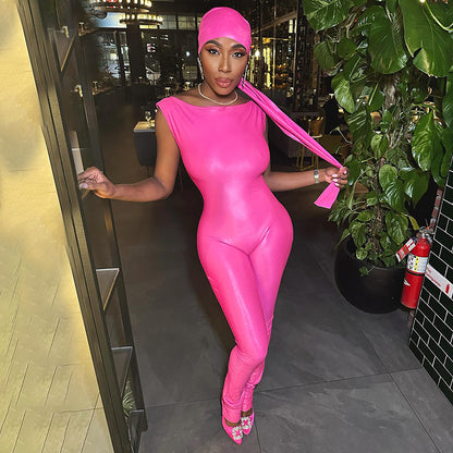 K24JP469 European and American style cross-border women's autumn and winter solid color square collar zipper pullover sleeveless tight elastic jumpsuit
