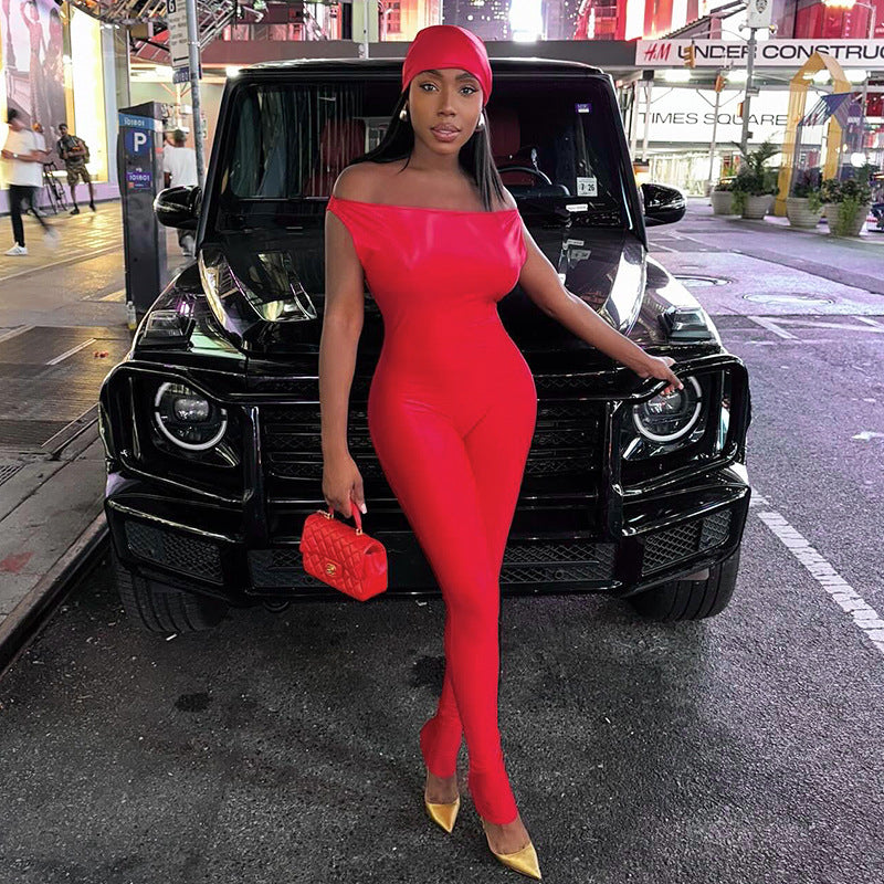 K24JP469 European and American style cross-border women's autumn and winter solid color square collar zipper pullover sleeveless tight elastic jumpsuit