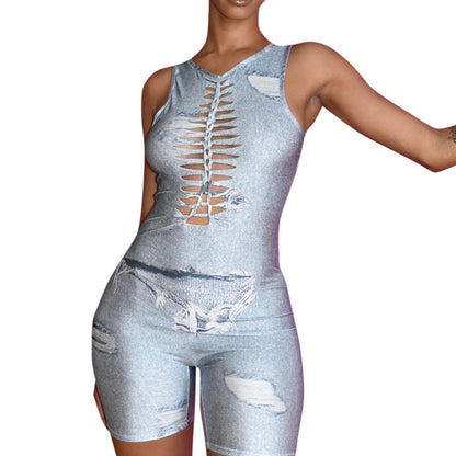 G22RP158 European and American Fashion Women's 2022 Autumn New Printed Sleeveless Crewneck Tight Slim-fit Shorts