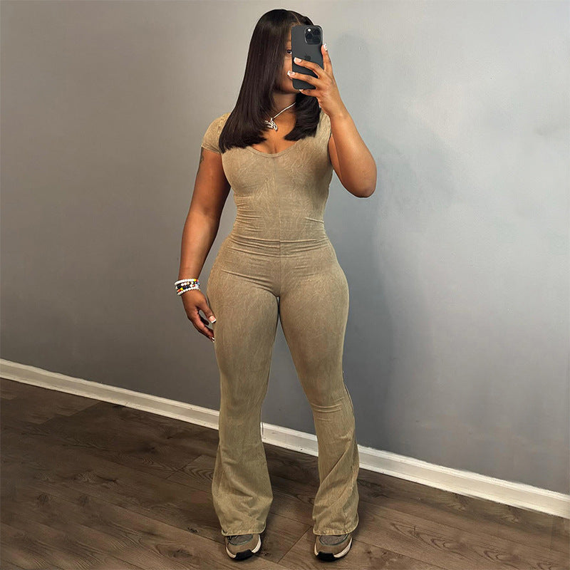 K23JP620 European and American Women's Clothing Spring New Solid Color U-Shaped Collar Short-Sleeved Waist Hip-Lifting Flared Pants Jumpsuit