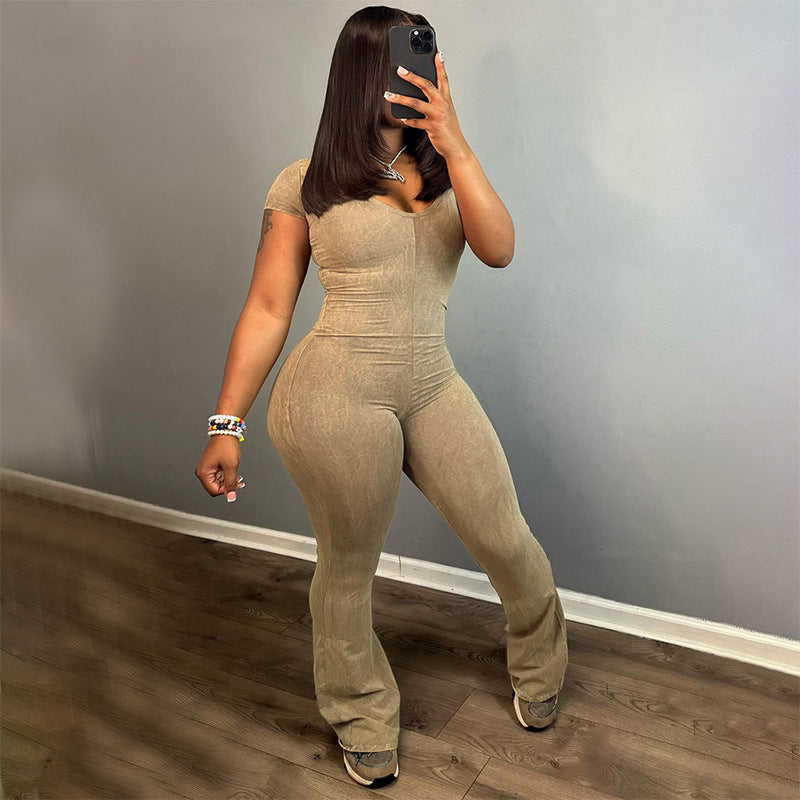 K23JP620 European and American Women's Clothing Spring New Solid Color U-Shaped Collar Short-Sleeved Waist Hip-Lifting Flared Pants Jumpsuit
