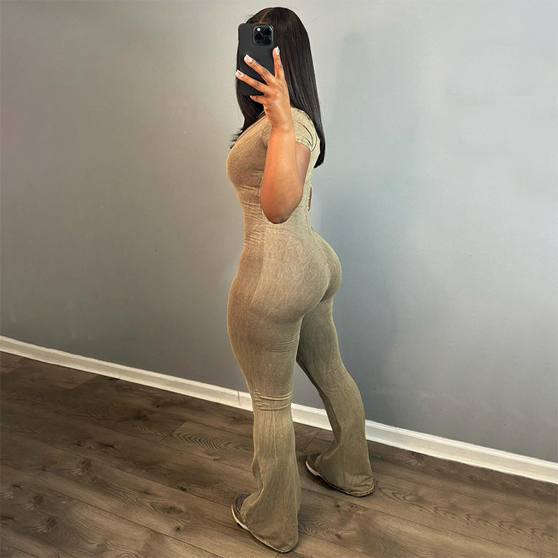 K23JP620 European and American Women's Clothing Spring New Solid Color U-Shaped Collar Short-Sleeved Waist Hip-Lifting Flared Pants Jumpsuit