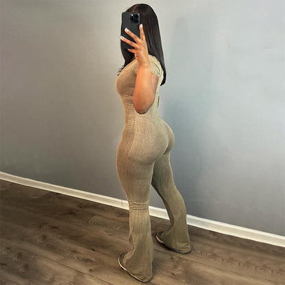 K23JP620 European and American Women's Clothing Spring New Solid Color U-Shaped Collar Short-Sleeved Waist Hip-Lifting Flared Pants Jumpsuit