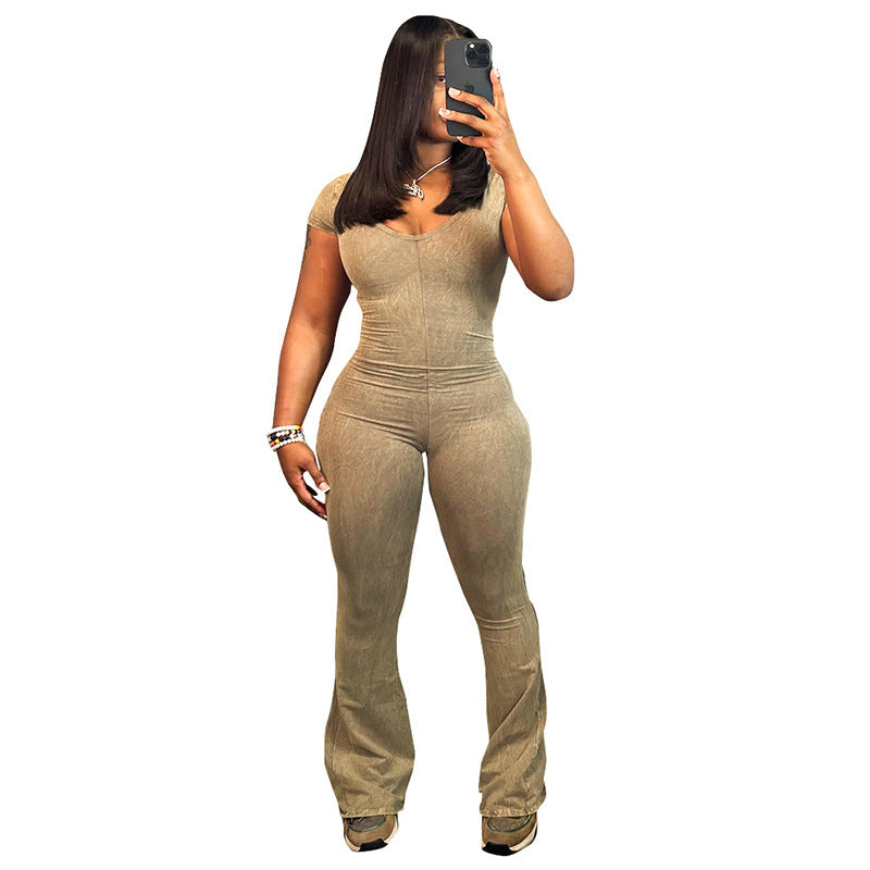 K23JP620 European and American Women's Clothing Spring New Solid Color U-Shaped Collar Short-Sleeved Waist Hip-Lifting Flared Pants Jumpsuit