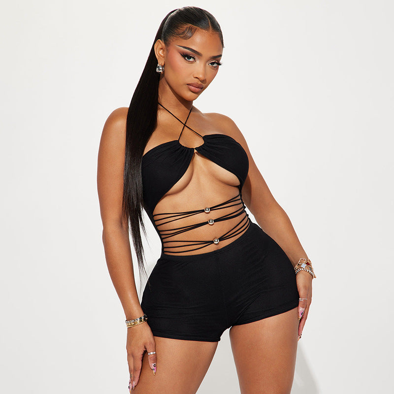 D25RP173 European and American Cross-border Women's Wear Spring and Summer Beads Rope Crossed Neck Hollow Mesh Backless Jumpsuit