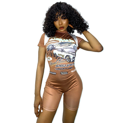 K22RP305 European and American Women's Summer New Digital Printed Sexy Tight Hip Tassel Shorts Jumpsuit for Women