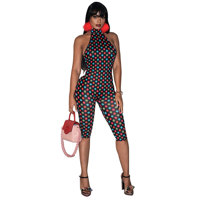 J26jp114 European and American Style Cross-Border Women's Clothing Spring and Summer Halter Strap Backless Polka Dot Print Pleated Cropped Jumpsuit