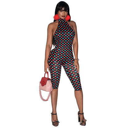 J26jp114 European and American Style Cross-Border Women's Clothing Spring and Summer Halter Strap Backless Polka Dot Print Pleated Cropped Jumpsuit
