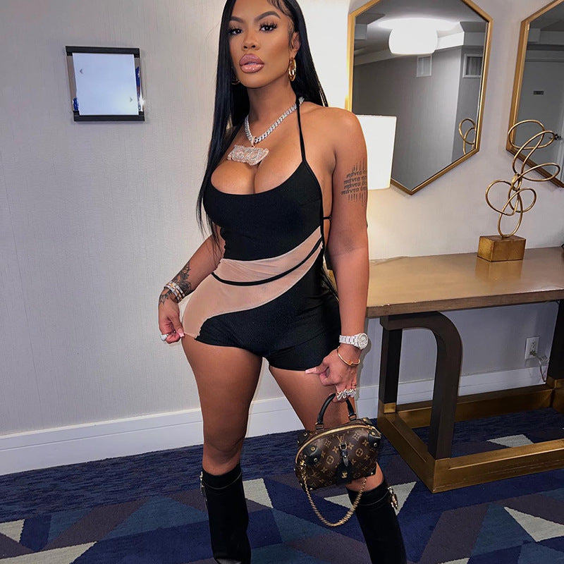 Y22RP142 European and American Fashion Women's 2022 Spring New Tether Hanging Neck Tight Slim Mesh One-piece Shorts