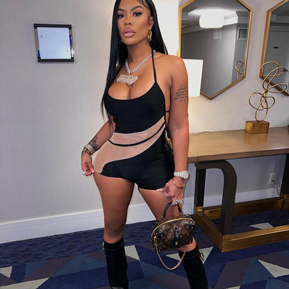 Y22RP142 European and American Fashion Women's 2022 Spring New Tether Hanging Neck Tight Slim Mesh One-piece Shorts