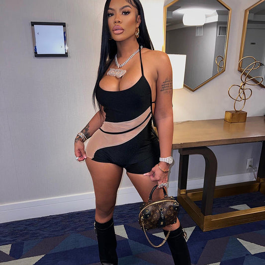 Y22RP142 European and American Fashion Women's 2022 Spring New Tether Hanging Neck Tight Slim Mesh One-piece Shorts