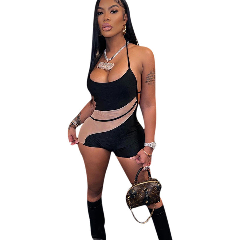 Y22RP142 European and American Fashion Women's 2022 Spring New Tether Hanging Neck Tight Slim Mesh One-piece Shorts