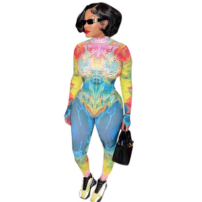 K23JP498 European and American women's clothing 2023 autumn and winter new street printed tight long sleeve pants cross-border wholesale