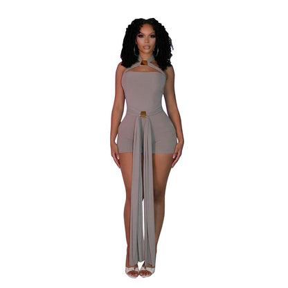 J26rp128 European and American Cross-Border Women's Spring and Summer Pants Cross Halter Backless Metal Buckle Ribbon Stitching Three-Point Jumpsuit