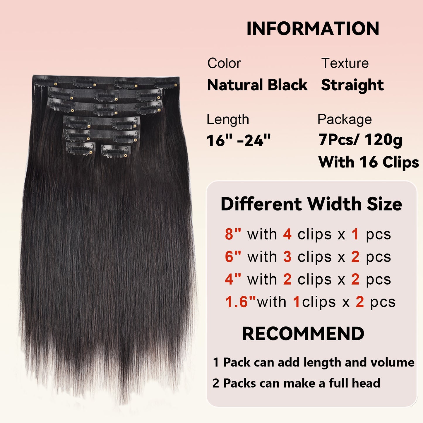 Human Hair Clip-In Hair Extensions, Seven-Piece Set, Seamless Women's Hair Extensions