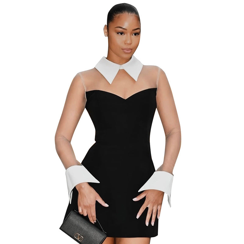 K25DS022 European and American Cross-border Women's Spring and Summer Shirt Lapel Mesh Stitching Zipper A- line Skirt Line dress
