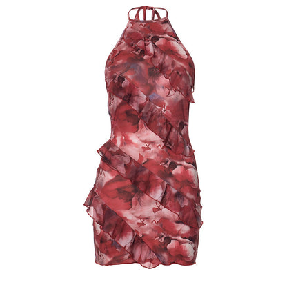K24DS201 European and American Women's Summer New Color Printed Sleeveless Neck Tie Rope Large Backless Sexy dress