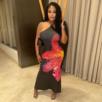 J25DS063 Europe and the United States cross-border women's spring and summer hanging neck tether big backless strapless flower printed umbrella skirt dress