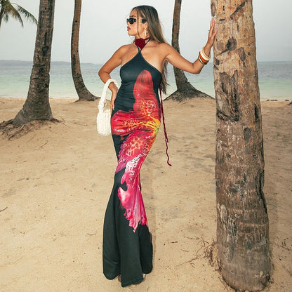 J25DS063 Europe and the United States cross-border women's spring and summer hanging neck tether big backless strapless flower printed umbrella skirt dress