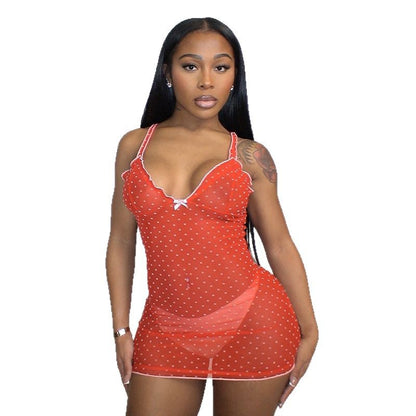 D25DS037 European and American Cross-border Women's Clothing Spring and Summer Polar Dot Mesh Sling Bow V-Neck Curl Hip Wrap dress