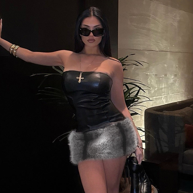 H24DS288 European and American style cross-border women's clothing autumn and winter collarless leather tube plush stitching hip short dress