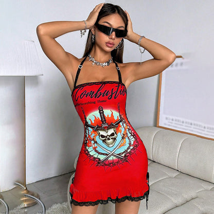 Q24DS426 cross-border European and American women's new 3D three-dimensional pattern printing lace lace hanging neck dress
