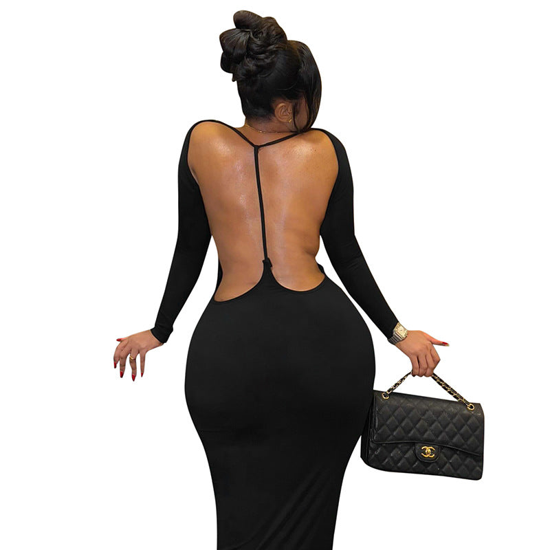 K24DS359 Cross-border European and American Style Ins Solid Color Fashion Hip Dress Crewneck Backless Long Sleeve Sexy dress