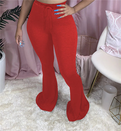 S3875 Amazon Independent Site European and American Export Women's Sexy Pure Color Casual Tight High Waist Strap Flared Pants