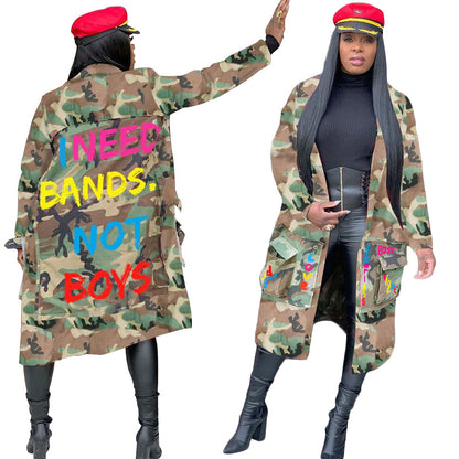 S3726 European and American Women's Long Casual Fashion European and American Camouflage Print Patch Jacket for Women