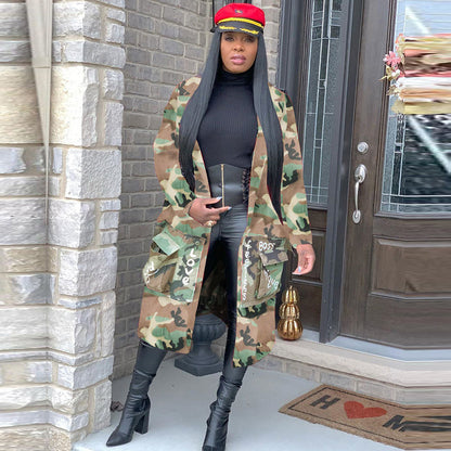 S3726 European and American Women's Long Casual Fashion European and American Camouflage Print Patch Jacket for Women