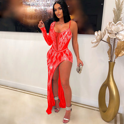 S390434 Cross-Border Amazon Ebay Women's Sexy See-Through Hot Diamond Long-Sleeved Dress Women's Nightclub Evening Dress