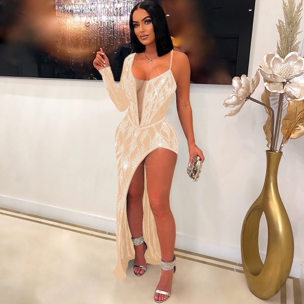 S390434 Cross-Border Amazon Ebay Women's Sexy See-Through Hot Diamond Long-Sleeved Dress Women's Nightclub Evening Dress