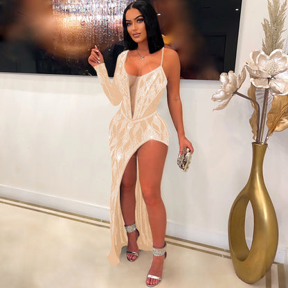 S390434 Cross-Border Amazon Ebay Women's Sexy See-Through Hot Diamond Long-Sleeved Dress Women's Nightclub Evening Dress