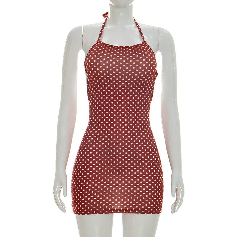 J26ds002 European and American Cross-Border Women's Spring and Summer Thin Strap Halter Backless Lace-up Polka Dot Printed Sheath Mini Dress